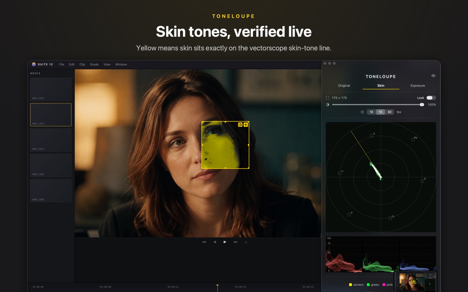 ToneLoupe loupe over a face in an editing suite, skin reading yellow — on target