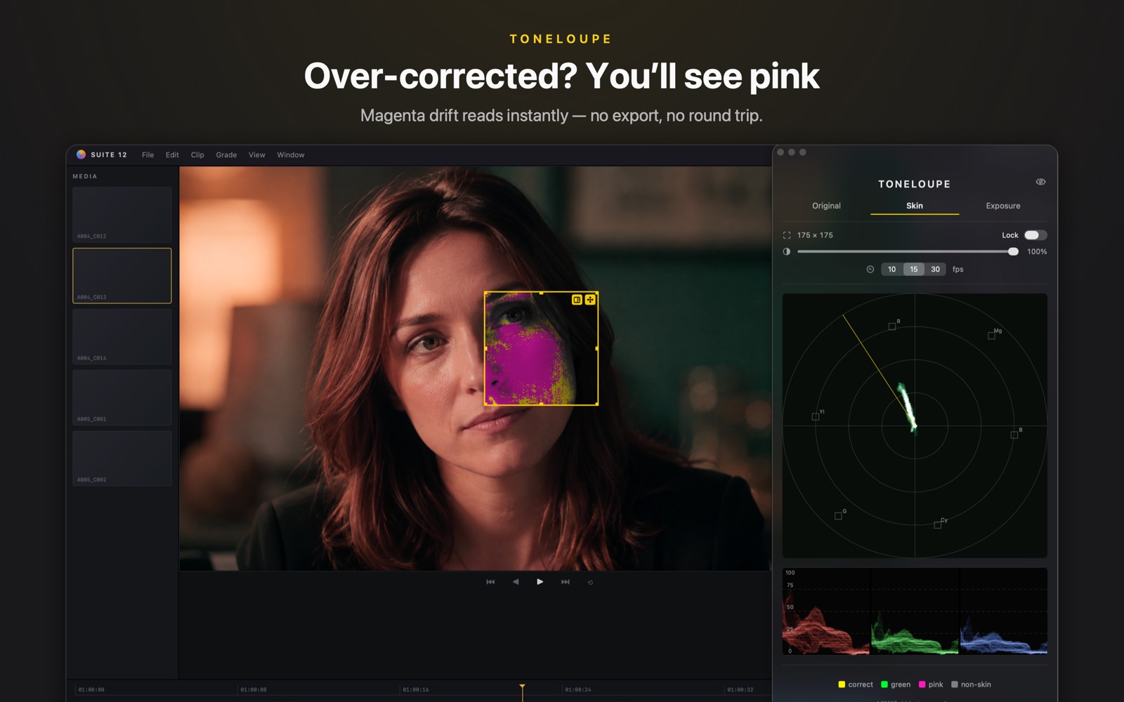 Over-corrected magenta skin highlighted in pink